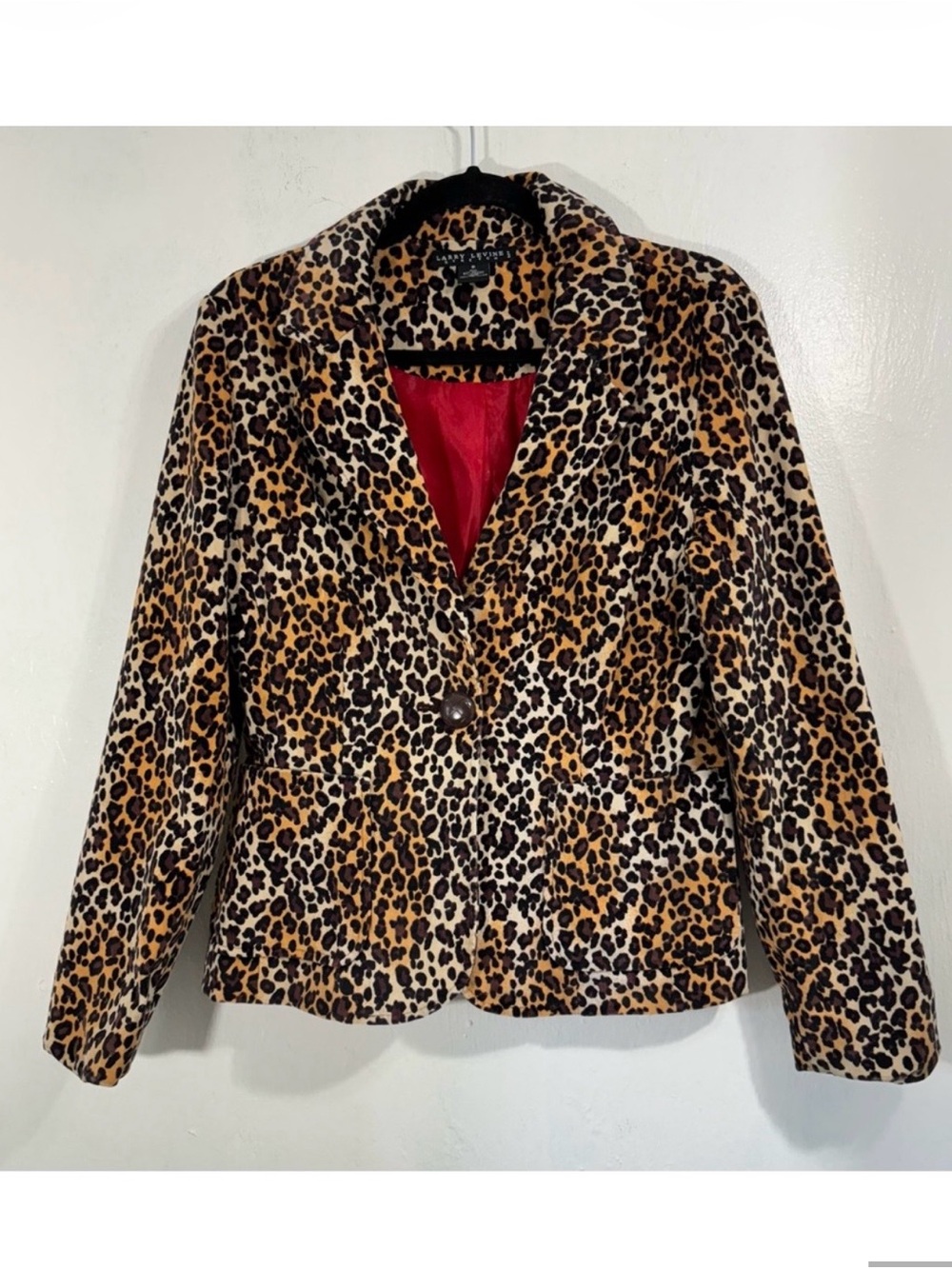 Larry Levine Stretch Corduroy brown/black Leopard print one button blazer.Size 8